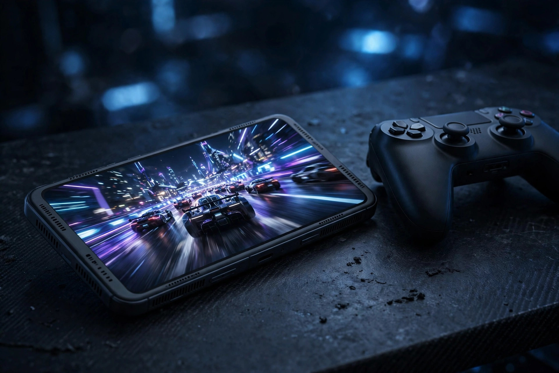 A black gaming phone showing a neon racing game on its screen, lying next to a game controller on a dark desk