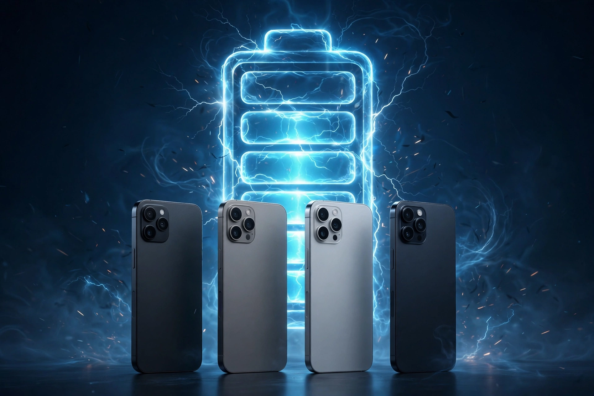 Four smartphones standing in a row with a large glowing blue electric battery icon rising behind them on a dark gradient backdrop