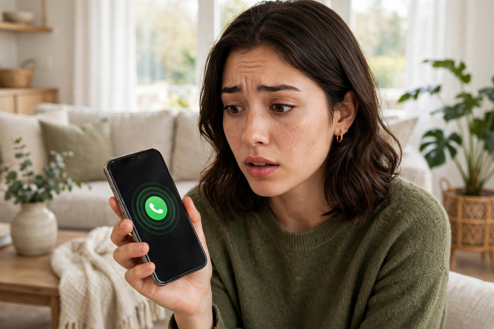 A puzzled woman looking at a ringing smartphone showing an incoming call