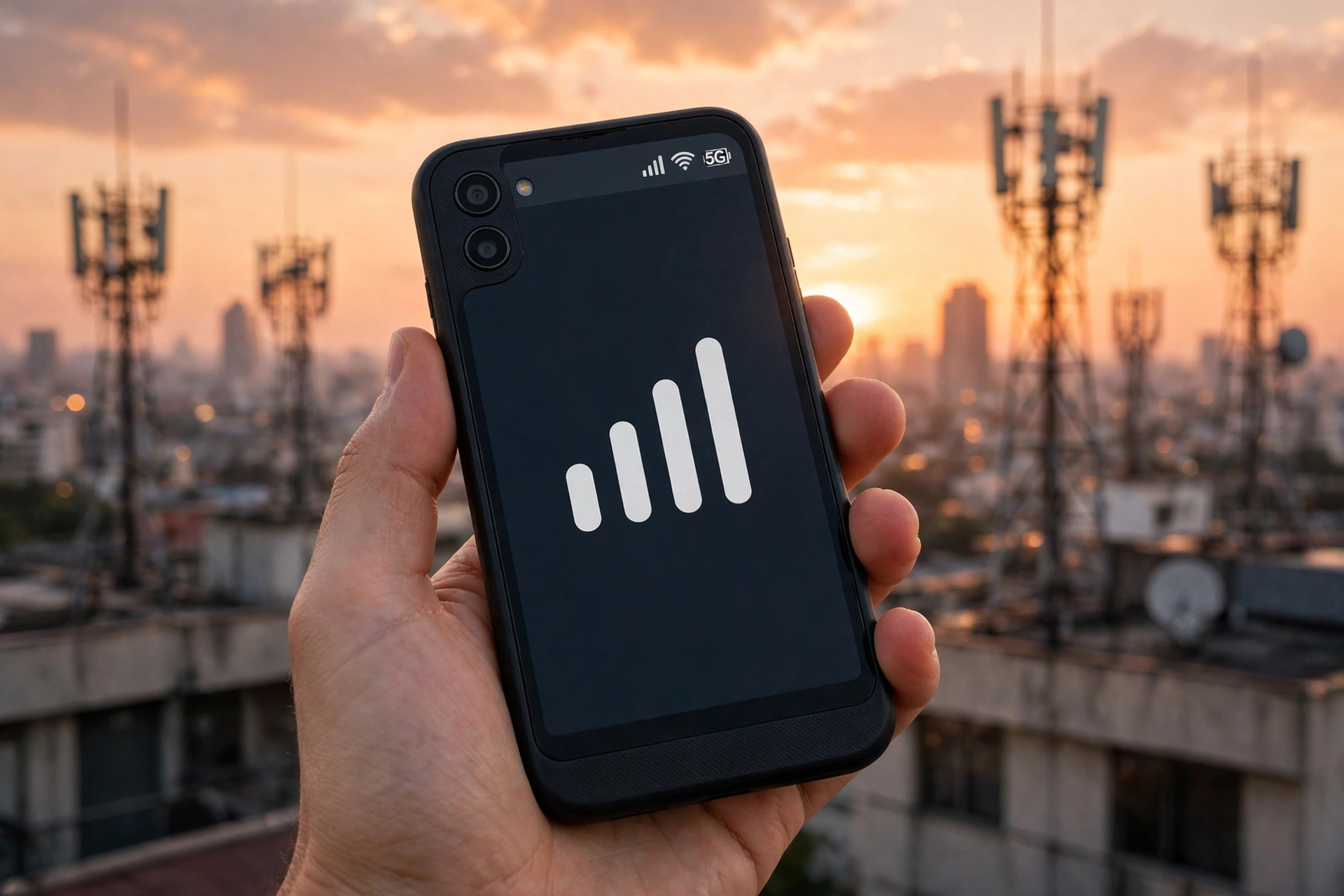 A hand holding a smartphone showing a 5G signal icon, with mobile towers and a city skyline at sunset in the background