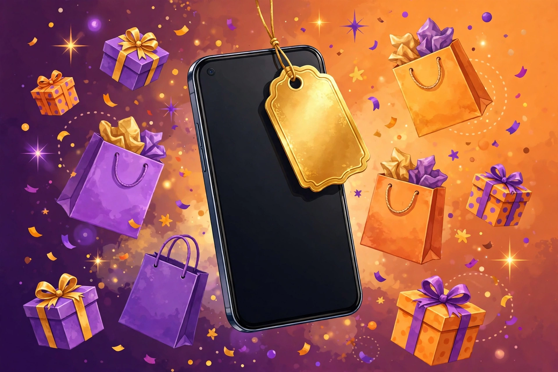 Smartphone surrounded by floating shopping bags, gift boxes and a golden sale price tag on a festive orange and purple background