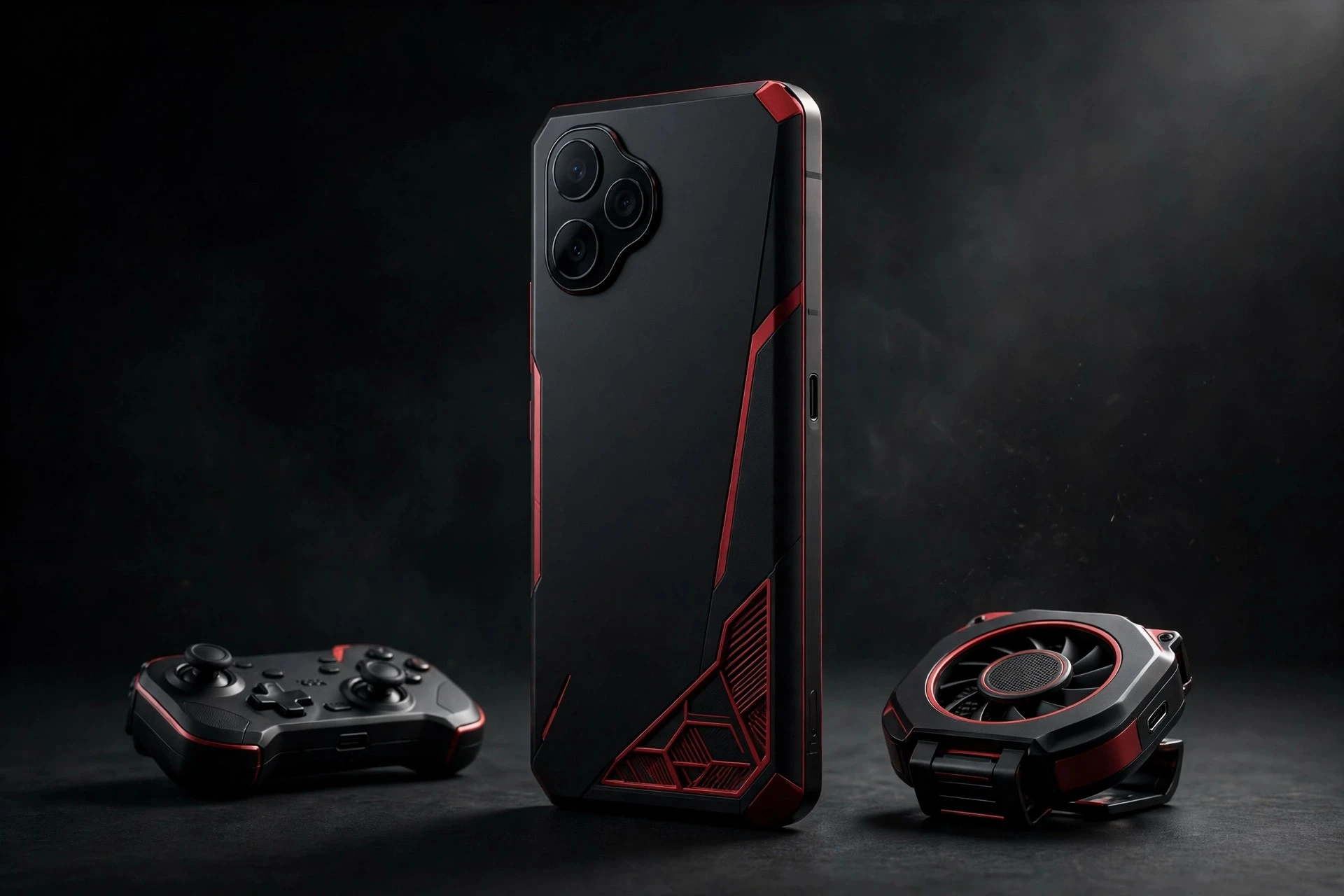 Black and red gaming smartphone with a game controller and cooling fan accessory on a dark background