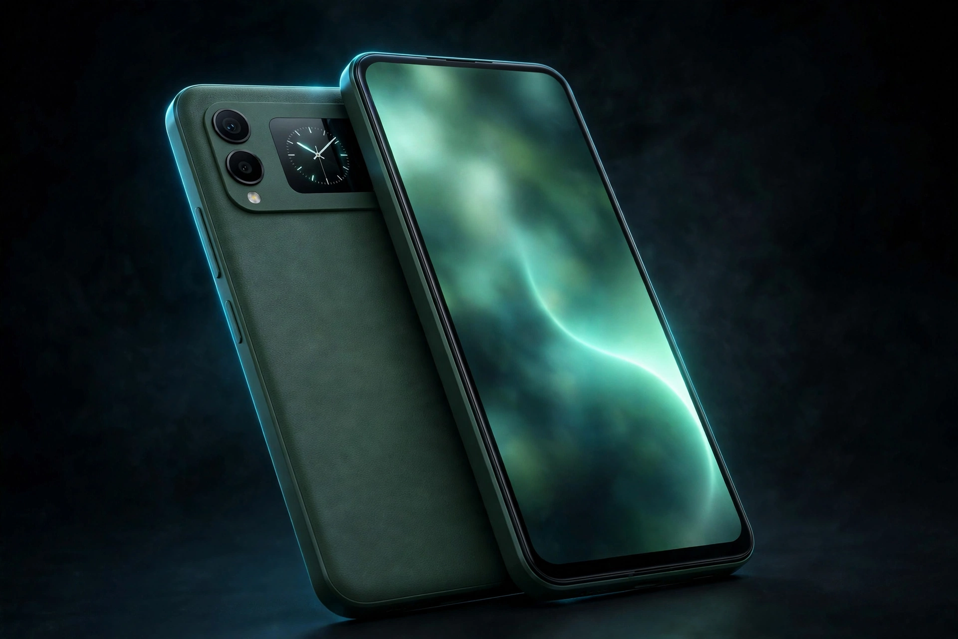 Honor Play 20C in forest green showing its secondary rear touch display with a clock widget