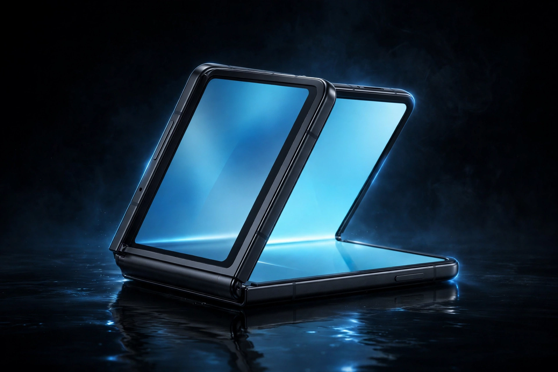 Foldable smartphone half-open with glowing blue displays on a dark studio background