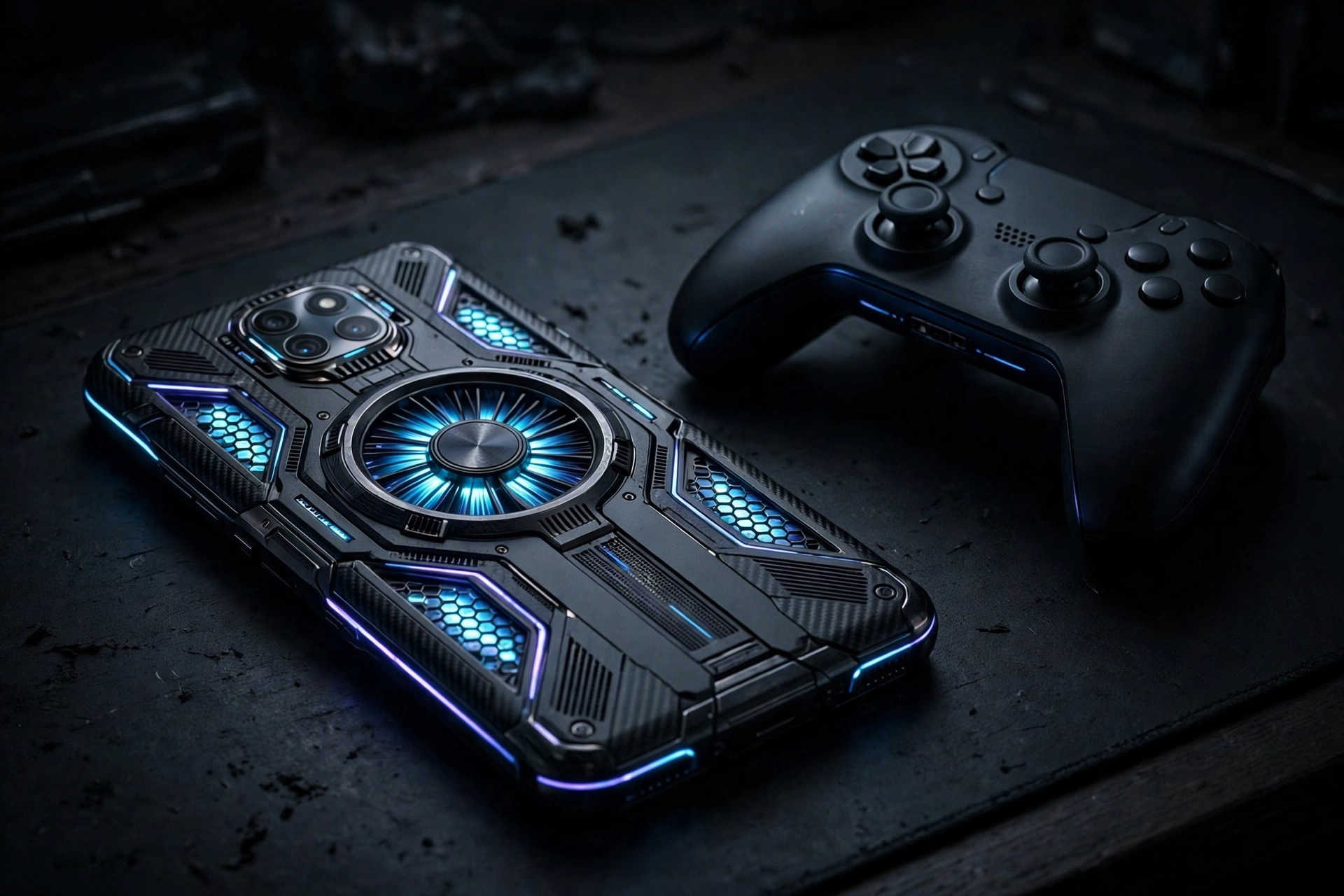 A black gaming smartphone with a glowing blue cooling fan on its back lying next to a game controller on a dark desk