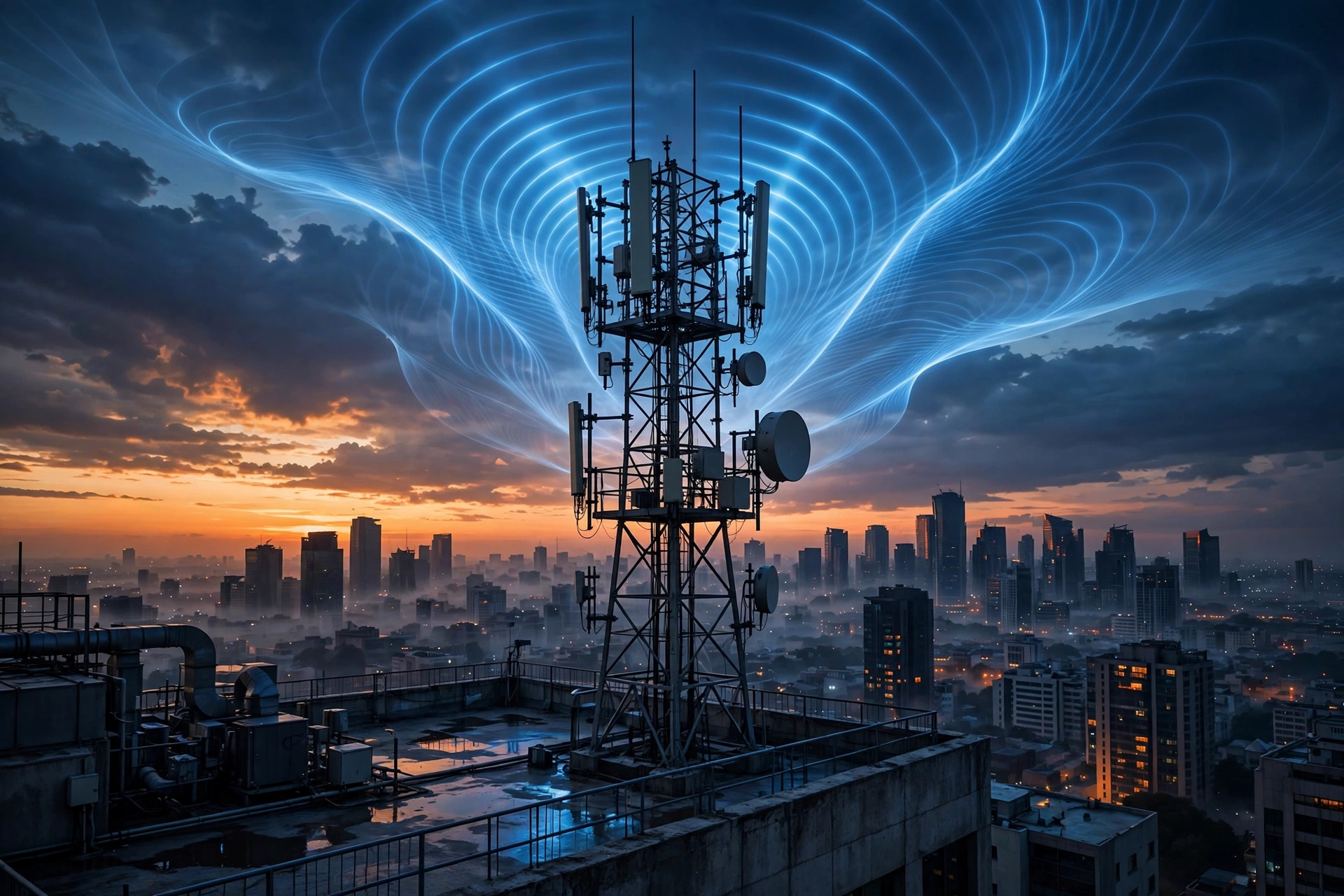 5G telecom tower with glowing blue signal waves over a city skyline at dusk