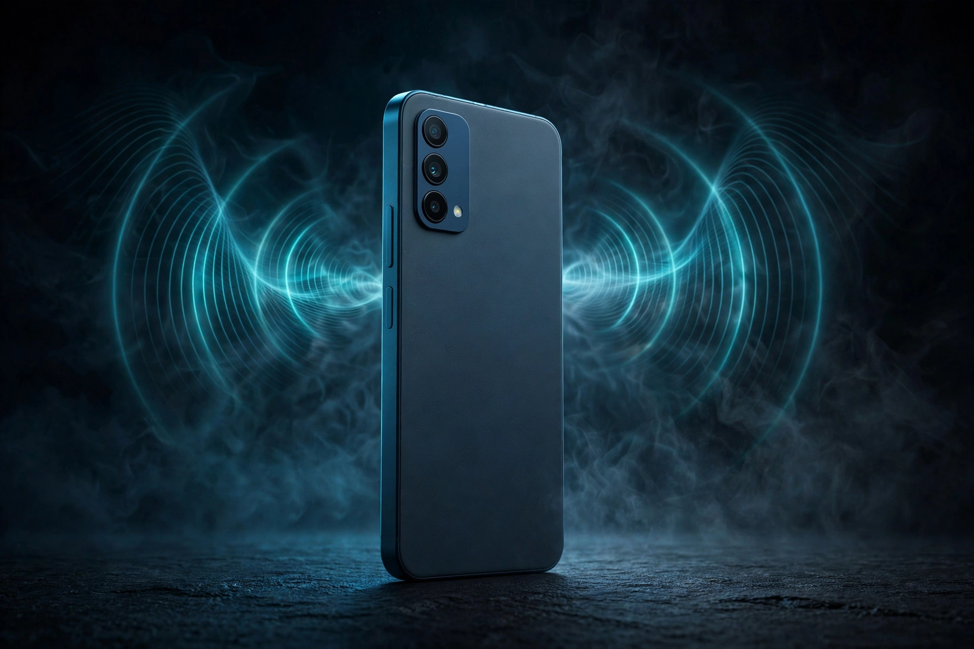 Smartphone with glowing teal 5G signal waves on a dark background