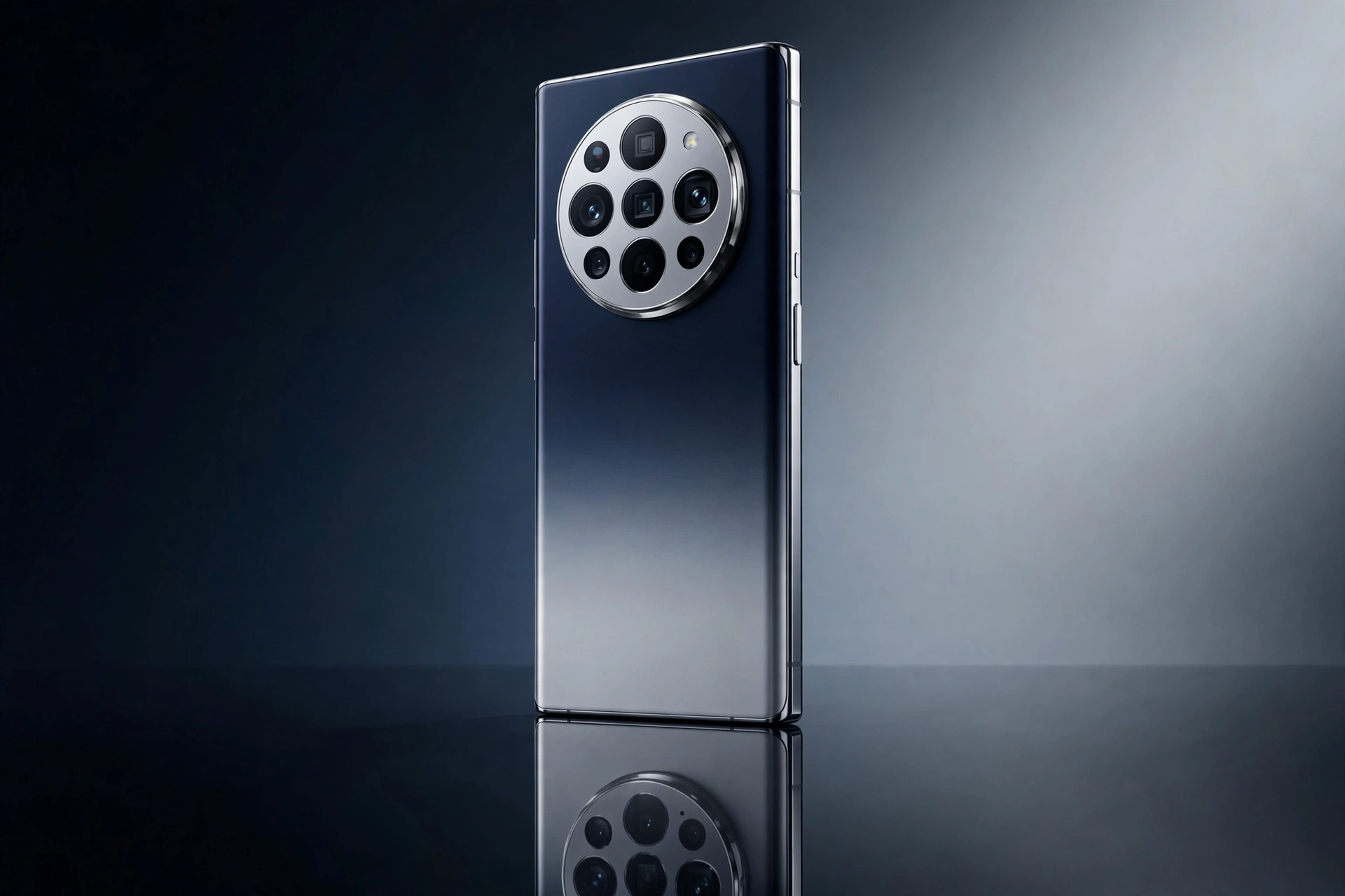 Premium flagship smartphone with large circular camera module on a dark studio background