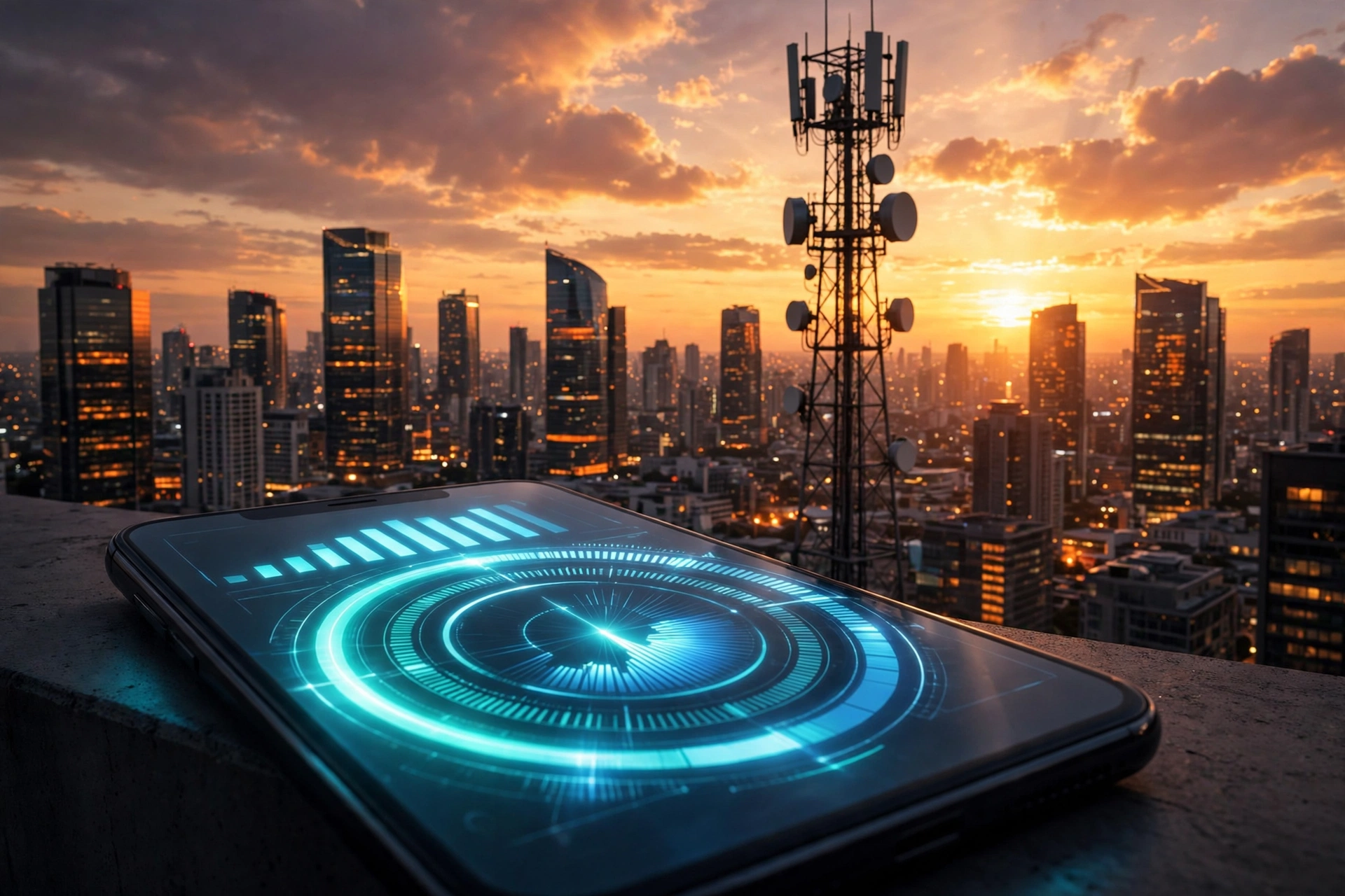 A 5G signal tower at sunset above a Pakistani city skyline, with a smartphone displaying a fast 5G speed test