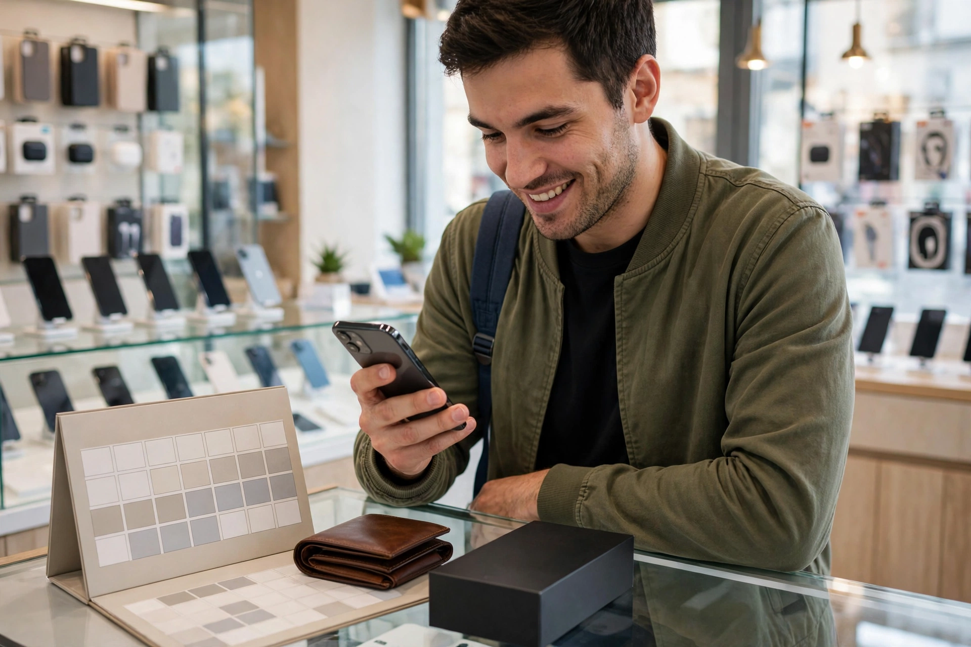 A smiling man holding a smartphone in a mobile phone shop, with a blank calendar, a wallet and a phone box on the counter