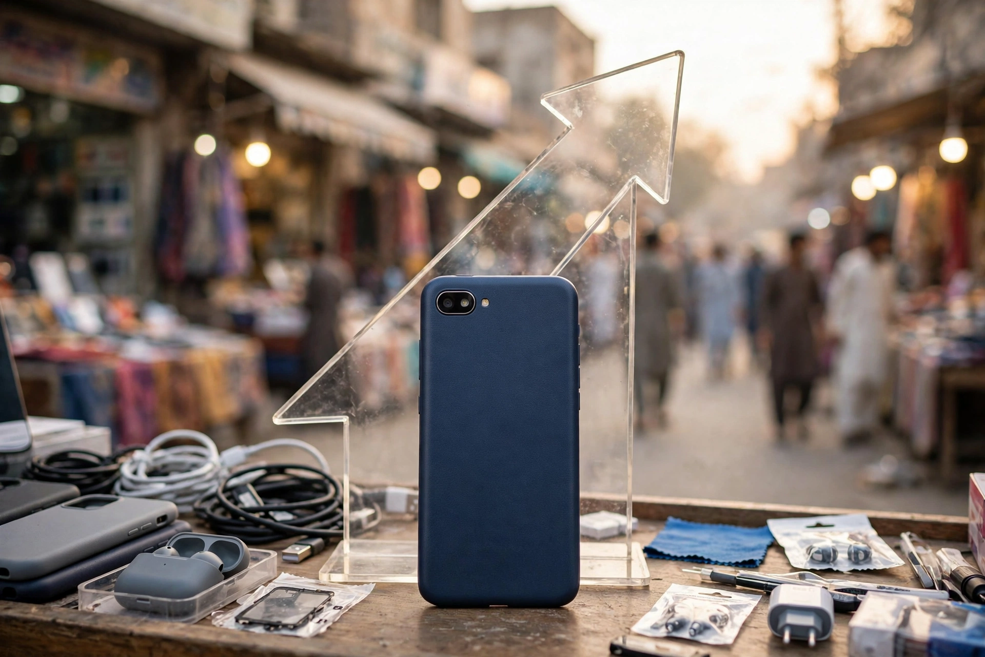 A dark blue smartphone standing on a market stall with a large transparent rising arrow behind it