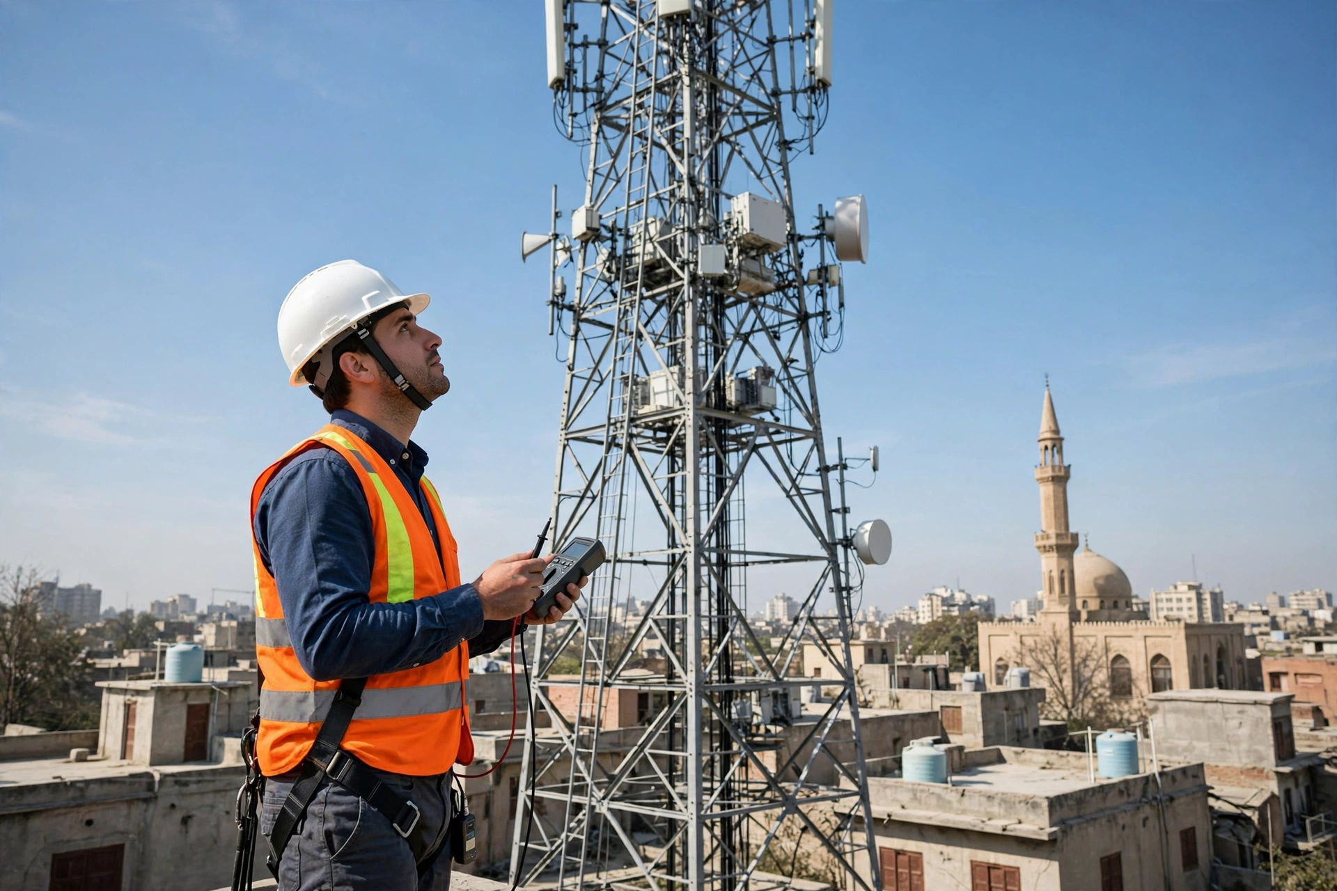A telecom engineer inspecting a mobile network tower in a Pakistani city