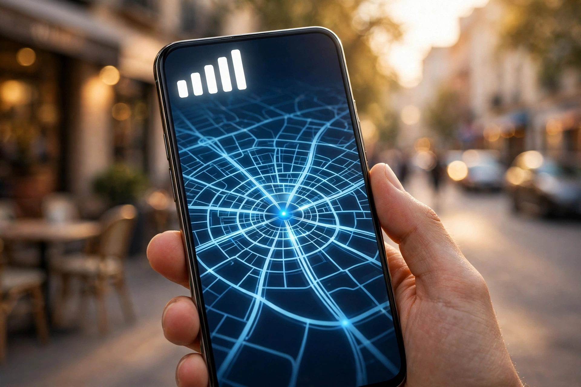 Hand holding a smartphone showing full network signal bars against a city street