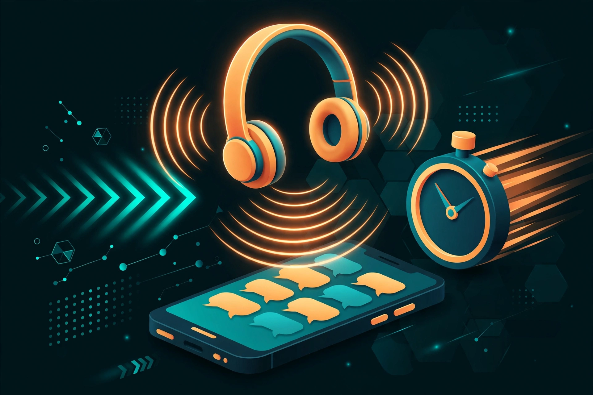 Illustration of a headset, stopwatch and smartphone representing fast mobile helpline service