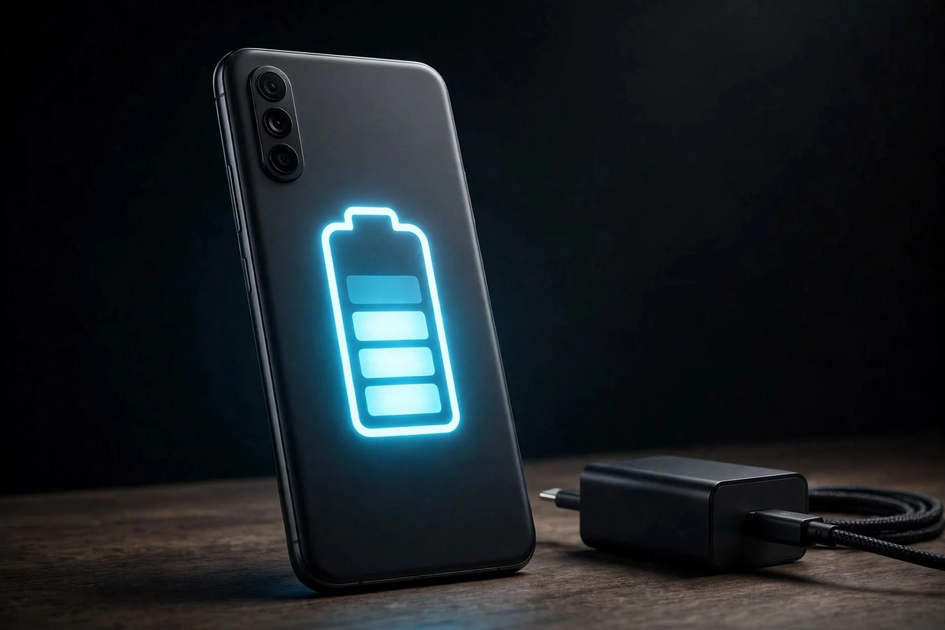 A black smartphone standing on a desk next to a charger, with a glowing blue battery symbol on its back