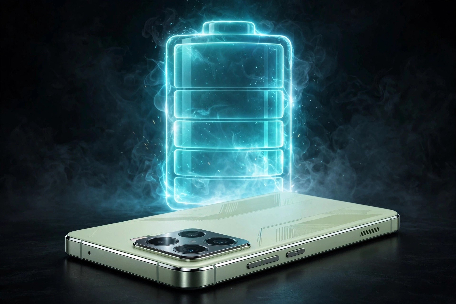 A pale green smartphone lying on a dark surface with a large glowing battery graphic rising behind it