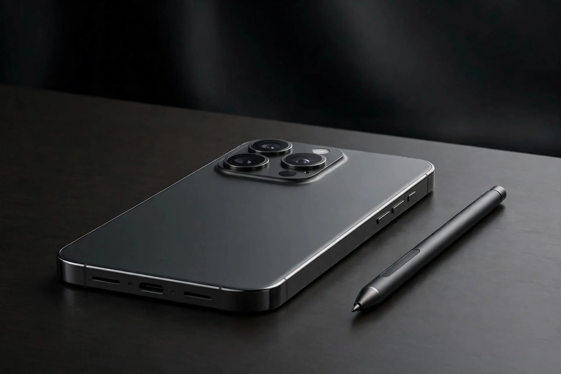 A dark premium flagship smartphone lying on a desk with a stylus pen beside it