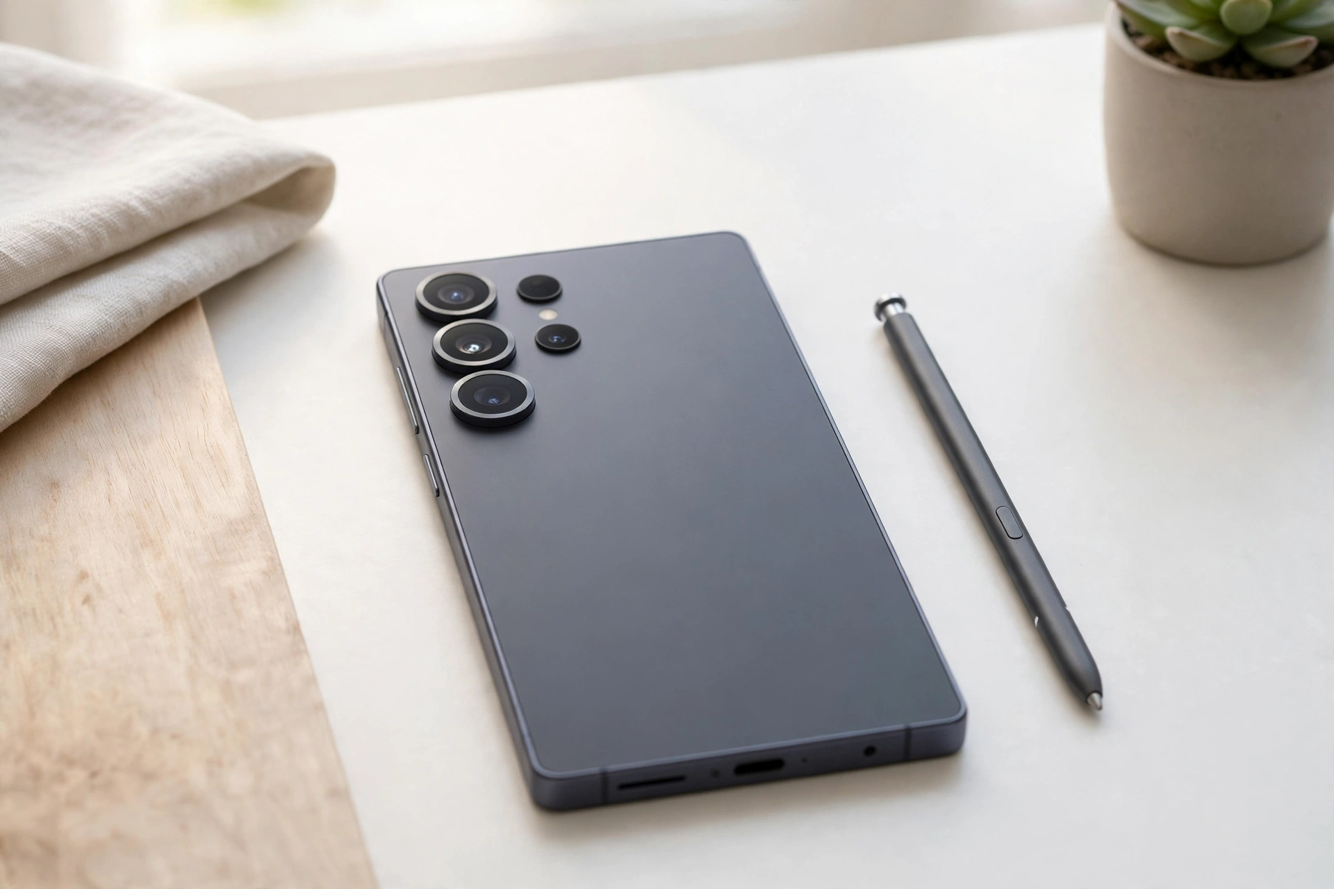 A dark flagship smartphone with a stylus pen beside it on a white desk