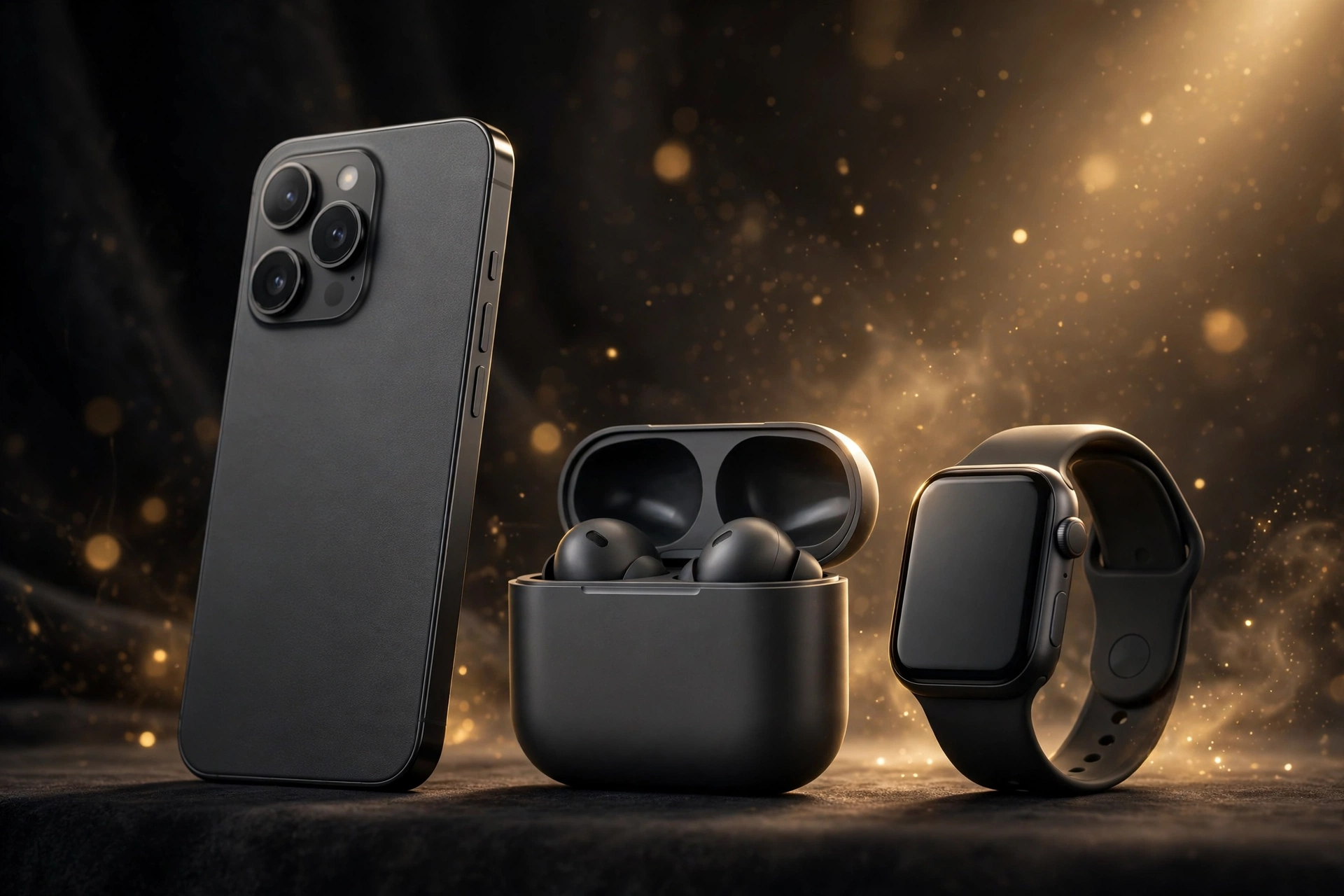 Flagship smartphone standing beside wireless earbuds and a smartwatch under soft golden glow on a dark premium backdrop