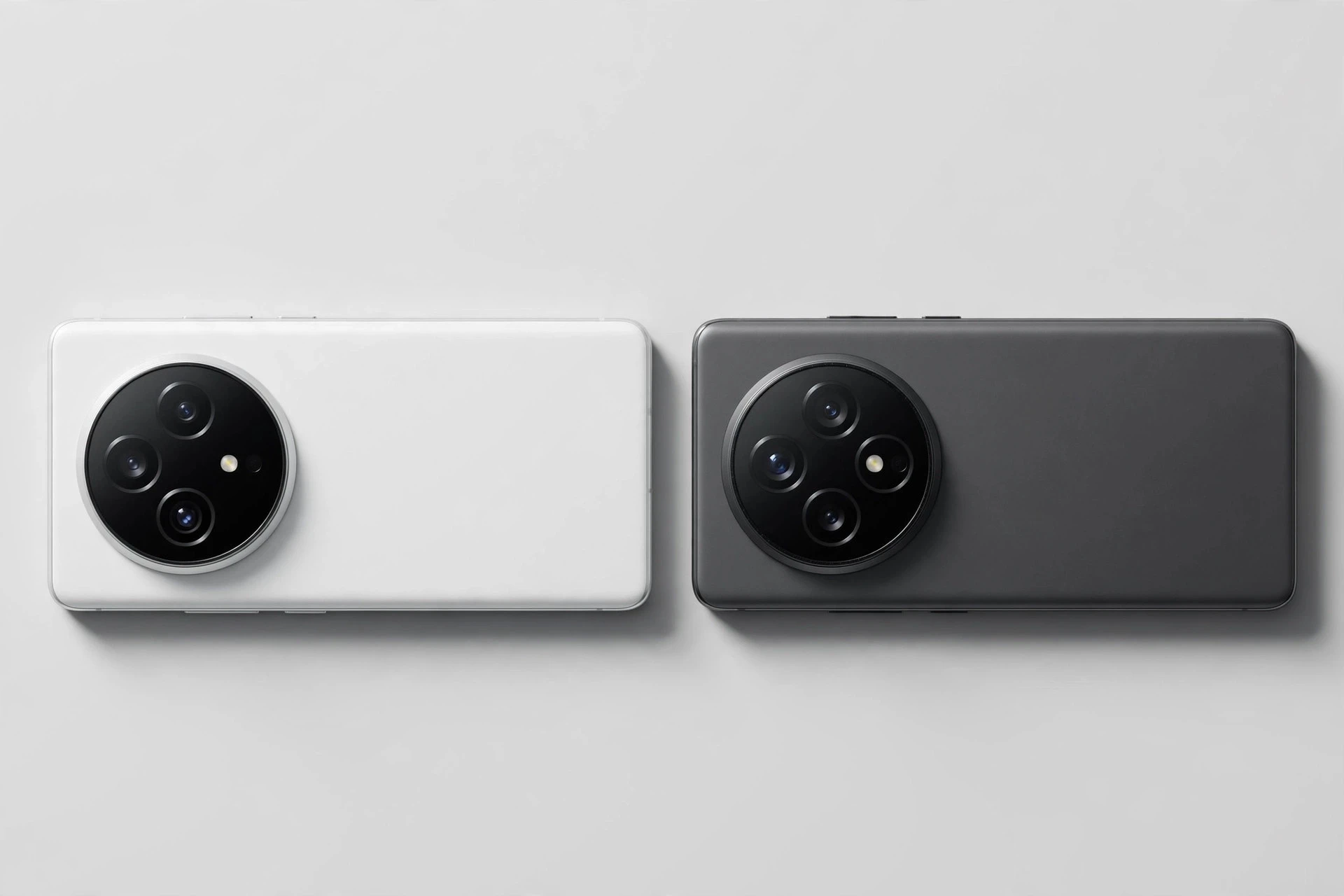 Two premium flagship smartphones in white and dark grey with large circular camera modules