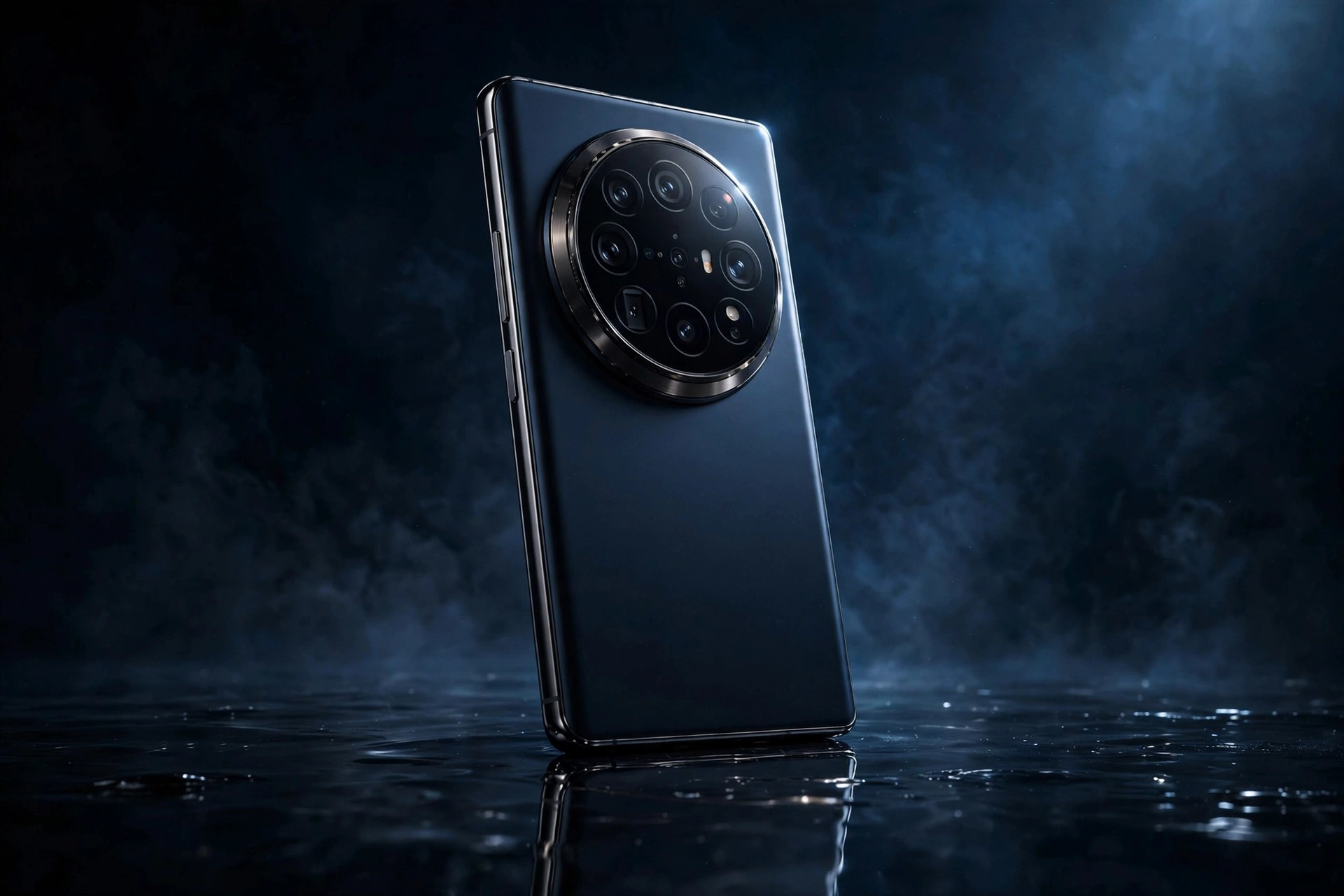 Premium flagship smartphone with large circular camera module on a dark cinematic background