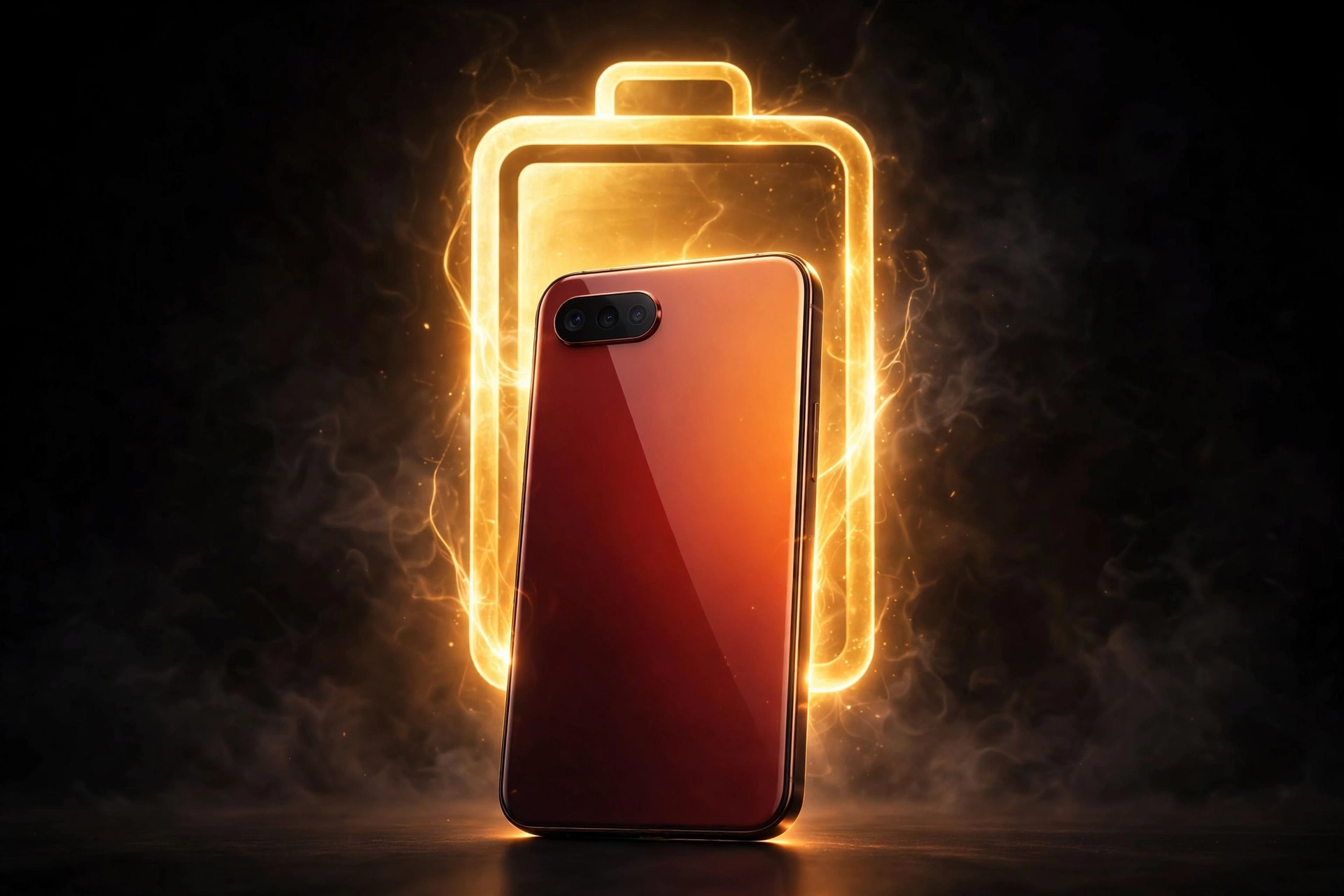 Smartphone in deep red and sunset orange finish standing before a large glowing golden battery motif on a dark studio backdrop