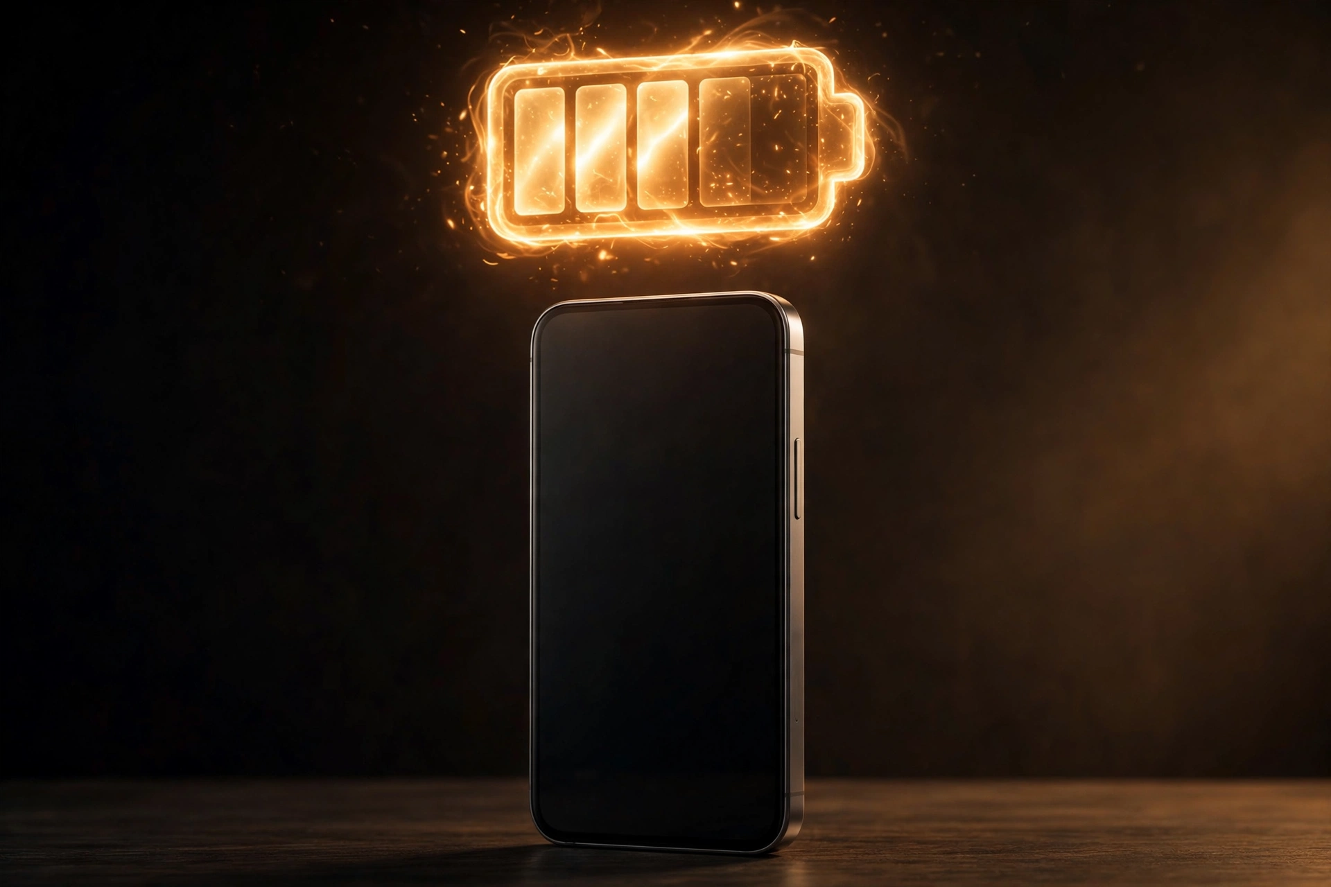 A smartphone with a glowing battery symbol above it, representing a large battery